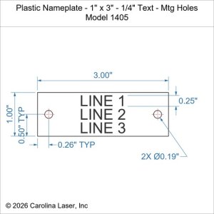 Plastic Nameplate - 1" x 3" - 1/4" Text - Mtg Holes