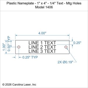 Plastic Nameplate - 1" x 4" - 1/4" Text - Mtg Holes