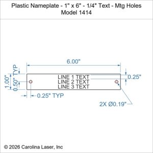 Plastic Nameplate - 1" x 6" - 1/4" Text - Mtg Holes