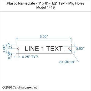 Plastic Nameplate - 1" x 6" - 1/2" Text - Mtg Holes
