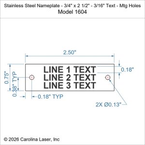 Stainless Steel Nameplate - 3/4" x 2 1/2" - 3/16" Text - Mtg Holes