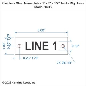 Stainless Steel Nameplate - 1" x 3" - 1/2" Text - Mtg Holes