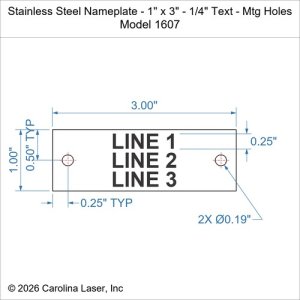 Stainless Steel Nameplate - 1" x 3" - 1/4" Text - Mtg Holes