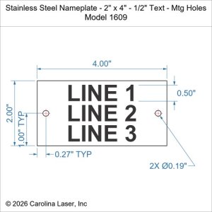 Stainless Steel Nameplate - 2" x 4" - 1/2" Text - Mtg Holes