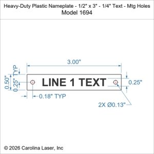 Heavy-Duty Plastic Nameplate - 1/2" x 3" - 1/4" Text - Mtg Holes