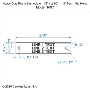 Heavy-Duty Plastic Nameplate - 1/2" x 2 1/2" - 1/8" Text - Mtg Holes
