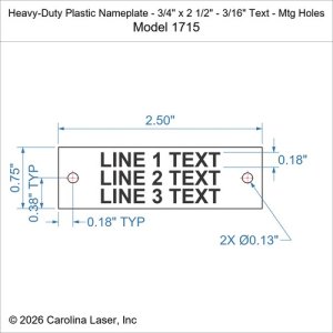 Heavy-Duty Plastic Nameplate - 3/4" x 2 1/2" - 3/16" Text - Mtg Holes