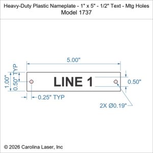 Heavy-Duty Plastic Nameplate - 1" x 5" - 1/2" Text - Mtg Holes