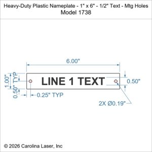 Heavy-Duty Plastic Nameplate - 1" x 6" - 1/2" Text - Mtg Holes