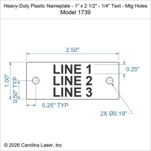 Heavy-Duty Plastic Nameplate - 1" x 2 1/2" - 1/4" Text - Mtg Holes