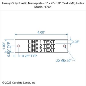 Heavy-Duty Plastic Nameplate - 1" x 4" - 1/4" Text - Mtg Holes