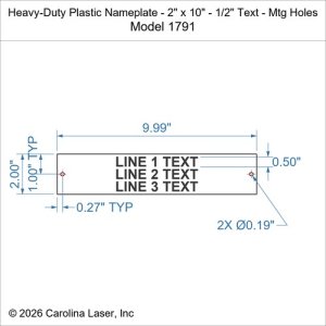 Heavy-Duty Plastic Nameplate - 2" x 10" - 1/2" Text - Mtg Holes