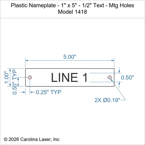 Modal Additional Images for Plastic Nameplate - 1" x 5" - 1/2" Text - Mtg Holes