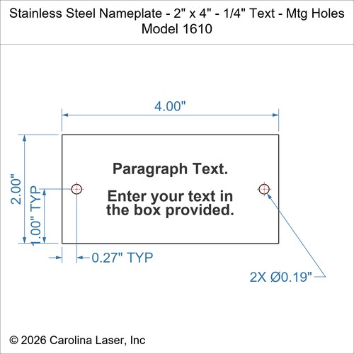 Modal Additional Images for Stainless Steel Nameplate - 2" x 4" - 1/4" Text - Mtg Holes