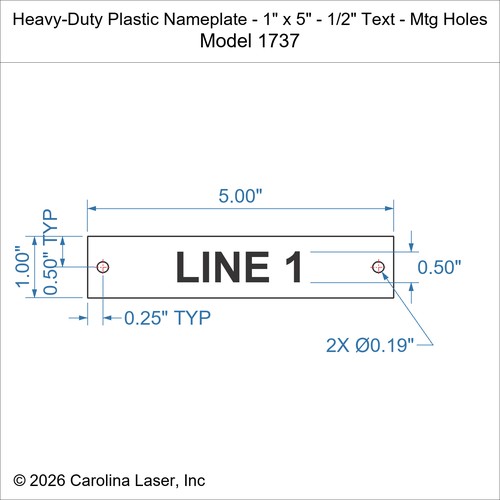 Modal Additional Images for Heavy-Duty Plastic Nameplate - 1" x 5" - 1/2" Text - Mtg Holes