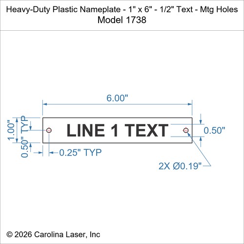 Modal Additional Images for Heavy-Duty Plastic Nameplate - 1" x 6" - 1/2" Text - Mtg Holes