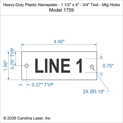 Modal Additional Images for Heavy-Duty Plastic Nameplate - 1 1/2" x 4" - 3/4" Text - Mtg Holes