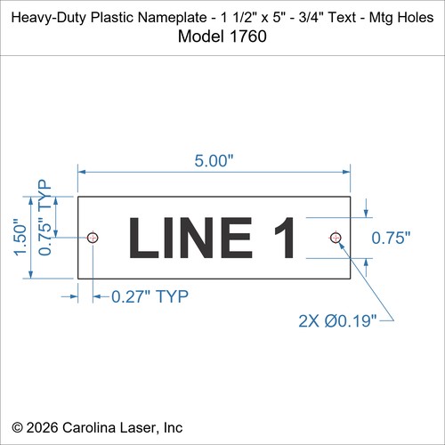 Modal Additional Images for Heavy-Duty Plastic Nameplate - 1 1/2" x 5" - 3/4" Text - Mtg Holes