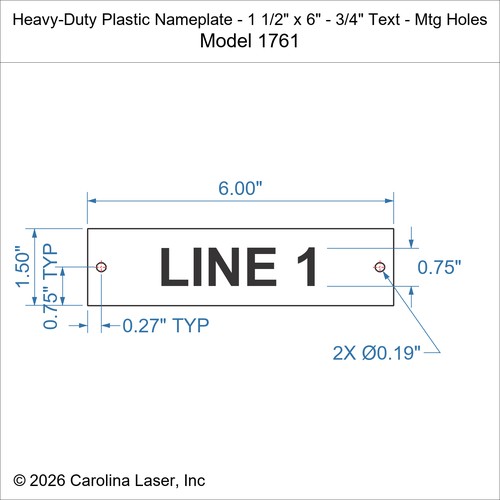 Modal Additional Images for Heavy-Duty Plastic Nameplate - 1 1/2" x 6" - 3/4" Text - Mtg Holes