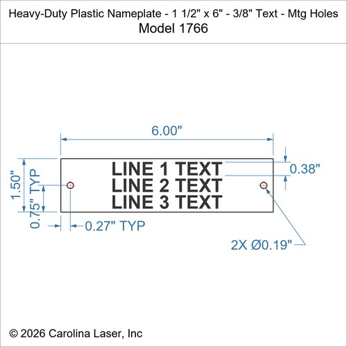 Modal Additional Images for Heavy-Duty Plastic Nameplate - 1 1/2" x 6" - 3/8" Text - Mtg Holes