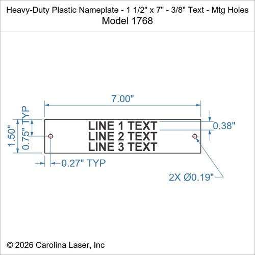 Modal Additional Images for Heavy-Duty Plastic Nameplate - 1 1/2" x 7" - 3/8" Text - Mtg Holes