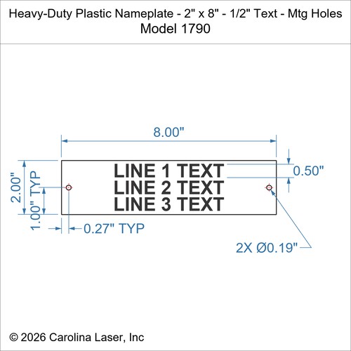 Modal Additional Images for Heavy-Duty Plastic Nameplate - 2" x 8" - 1/2" Text - Mtg Holes