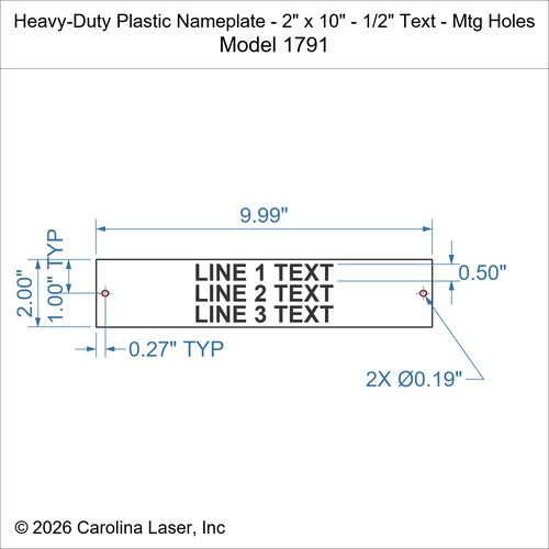 Modal Additional Images for Heavy-Duty Plastic Nameplate - 2" x 10" - 1/2" Text - Mtg Holes
