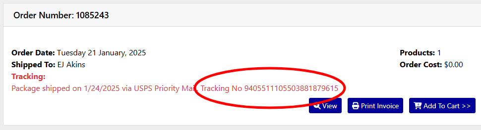 Order details with the tracking number in the header Order details with the tracking number in the header